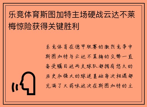 乐竞体育斯图加特主场硬战云达不莱梅惊险获得关键胜利