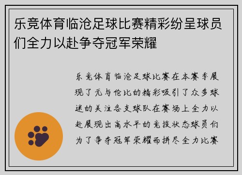 乐竞体育临沧足球比赛精彩纷呈球员们全力以赴争夺冠军荣耀