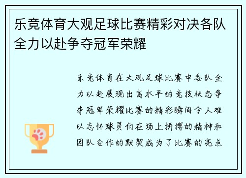 乐竞体育大观足球比赛精彩对决各队全力以赴争夺冠军荣耀