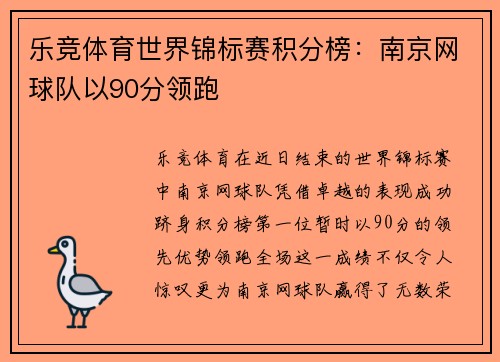 乐竞体育世界锦标赛积分榜：南京网球队以90分领跑